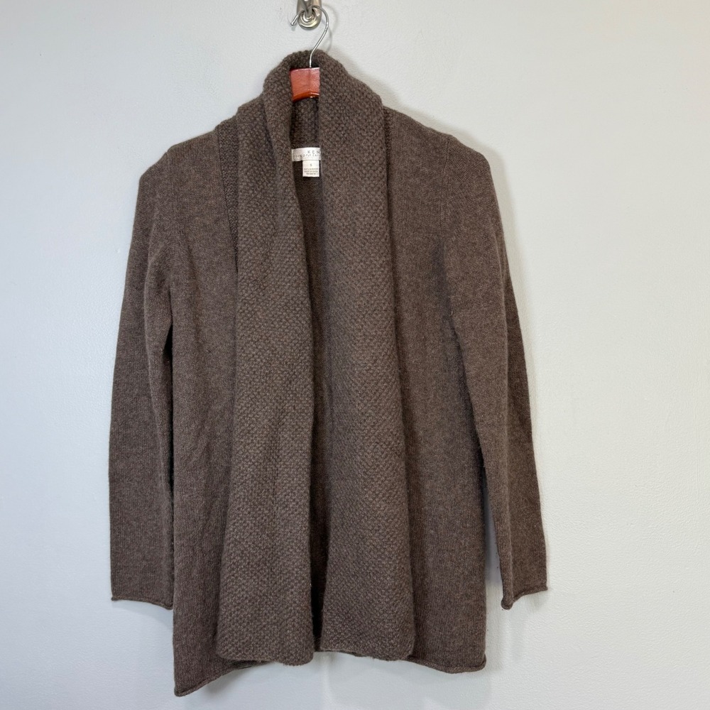 Kenar 100% 2-Ply Cashmere Open Front Cardigan Brown Shawl‎ Collar Sweater Small